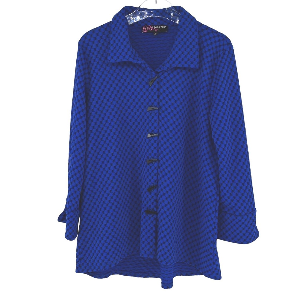 VTG USA Peck & Peck Sapphire Blue Black Geometric Print Button Front Tunic Top L